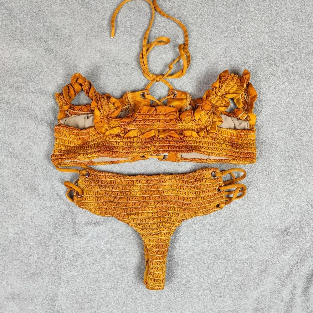 Blue Life Bikini Womens Small Scrunched‎ Off the Shoulder Honey Yellow Tie Dye
